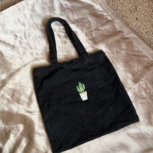 Black Canvas Tote Bag with Cactus